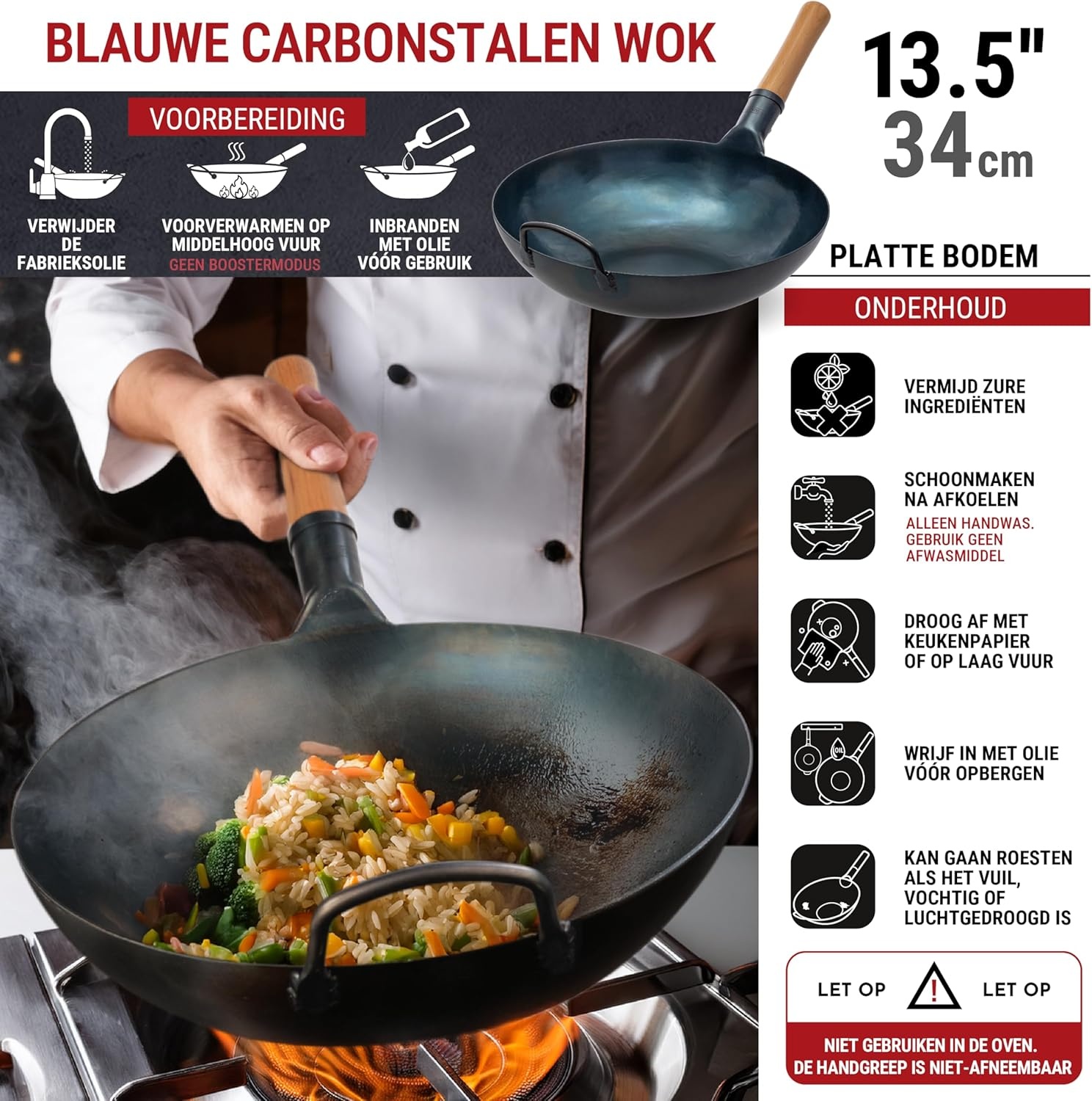 YOSUKATA Koolstofstalen Wokpan en Roerbakpannen 34 cm - Voorbehandelde Wok met Platte Bodem - Wokpan Inductie - Traditionele Chinese Roerbakpan Groot Past bij Gas, Inductie, Elektrisch, Open Vuur