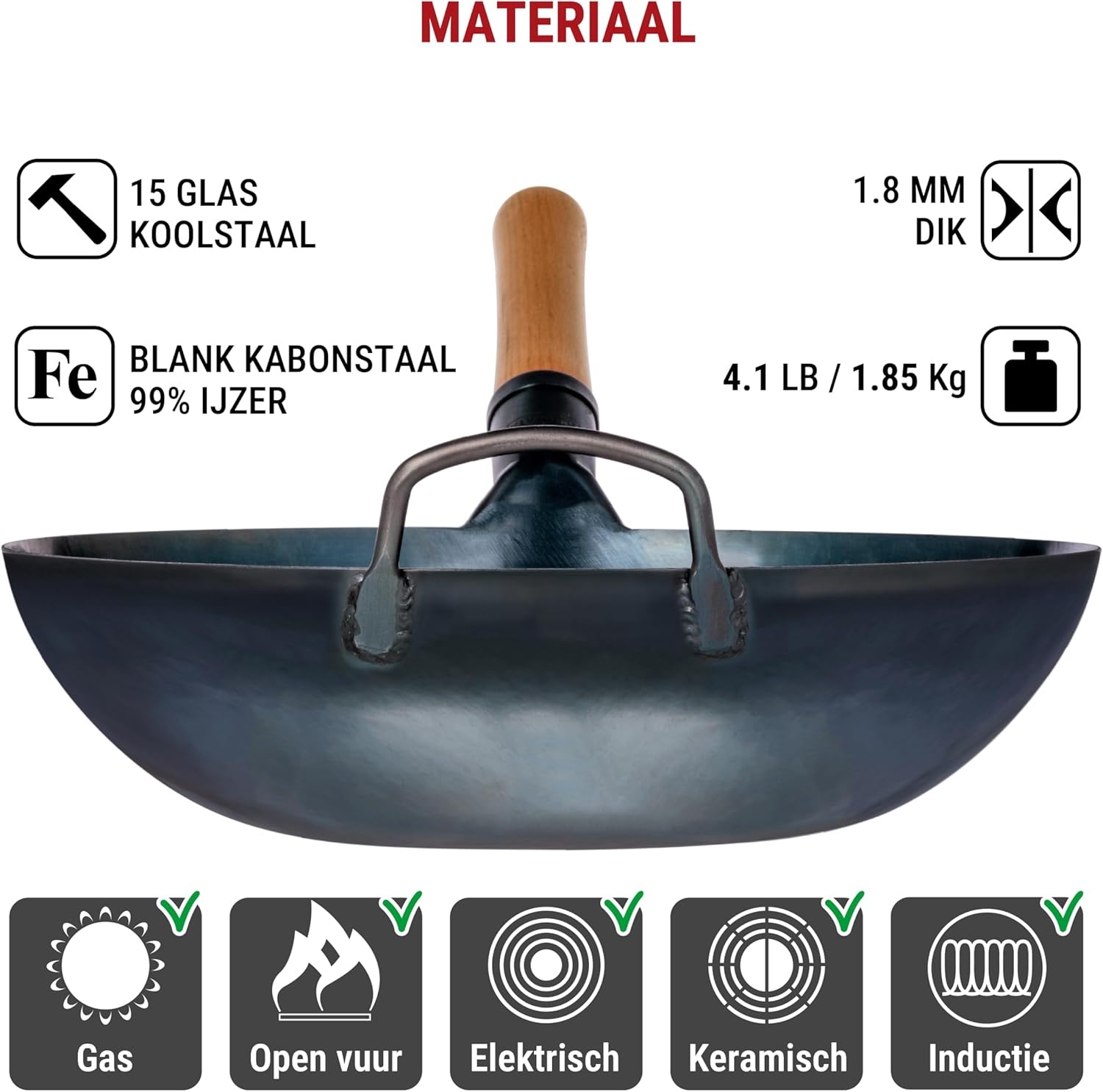 YOSUKATA Koolstofstalen Wokpan en Roerbakpannen 34 cm - Voorbehandelde Wok met Platte Bodem - Wokpan Inductie - Traditionele Chinese Roerbakpan Groot Past bij Gas, Inductie, Elektrisch, Open Vuur