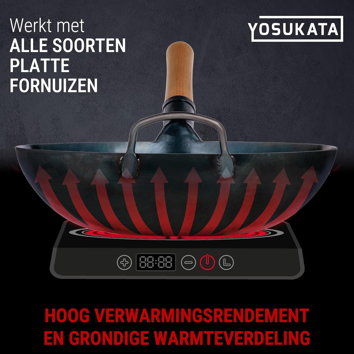 YOSUKATA Koolstofstalen Wokpan en Roerbakpannen 34 cm - Voorbehandelde Wok met Platte Bodem - Wokpan Inductie - Traditionele Chinese Roerbakpan Groot Past bij Gas, Inductie, Elektrisch, Open Vuur