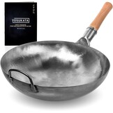 YOSUKATA Koolstofstalen Wokpan en Roerbakpannen 34 cm - Voorbehandelde Wok met Platte Bodem - Wokpan Inductie - Traditionele Chinese Roerbakpan Groot Past bij Gas, Inductie, Elektrisch, Open Vuur