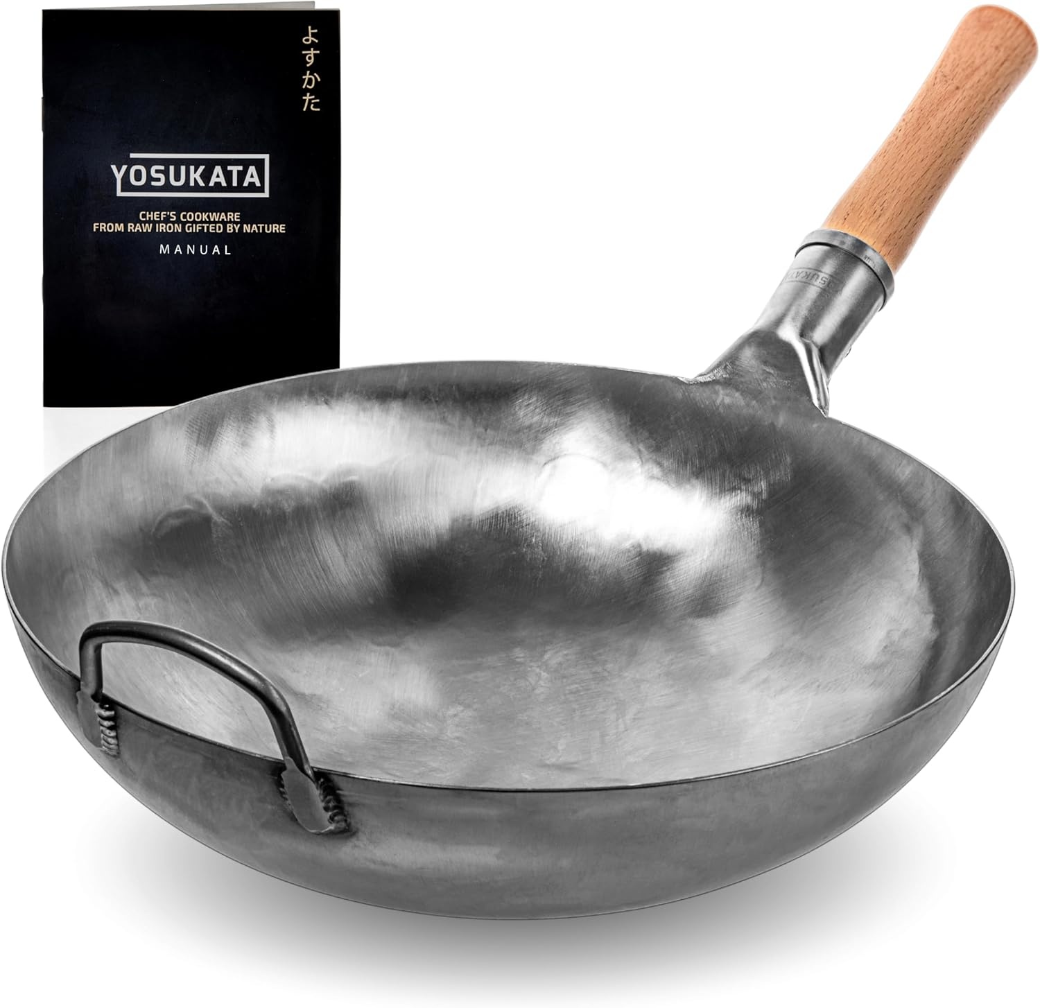 YOSUKATA Koolstofstalen Wokpan en Roerbakpannen 34 cm - Voorbehandelde Wok met Platte Bodem - Wokpan Inductie - Traditionele Chinese Roerbakpan Groot Past bij Gas, Inductie, Elektrisch, Open Vuur