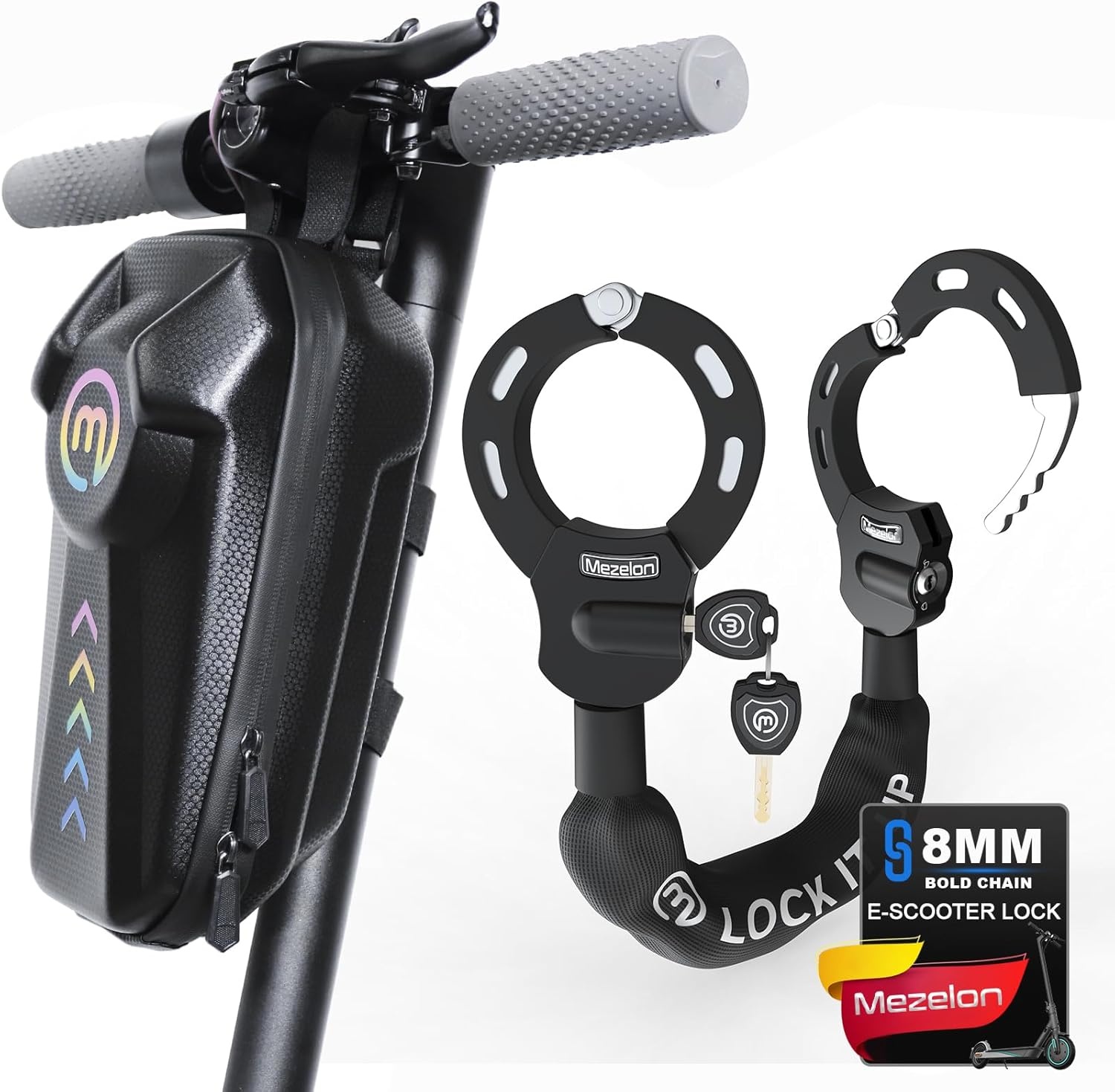 Mezelon® Elektrische step Anti-diefstal | 8mm Anti-diefstal ketting | Waterdichte slot tas | Ideaal anti-diefstal slot voor fietsen, motorfietsen, poorten, hekken, kinderwagens, etc