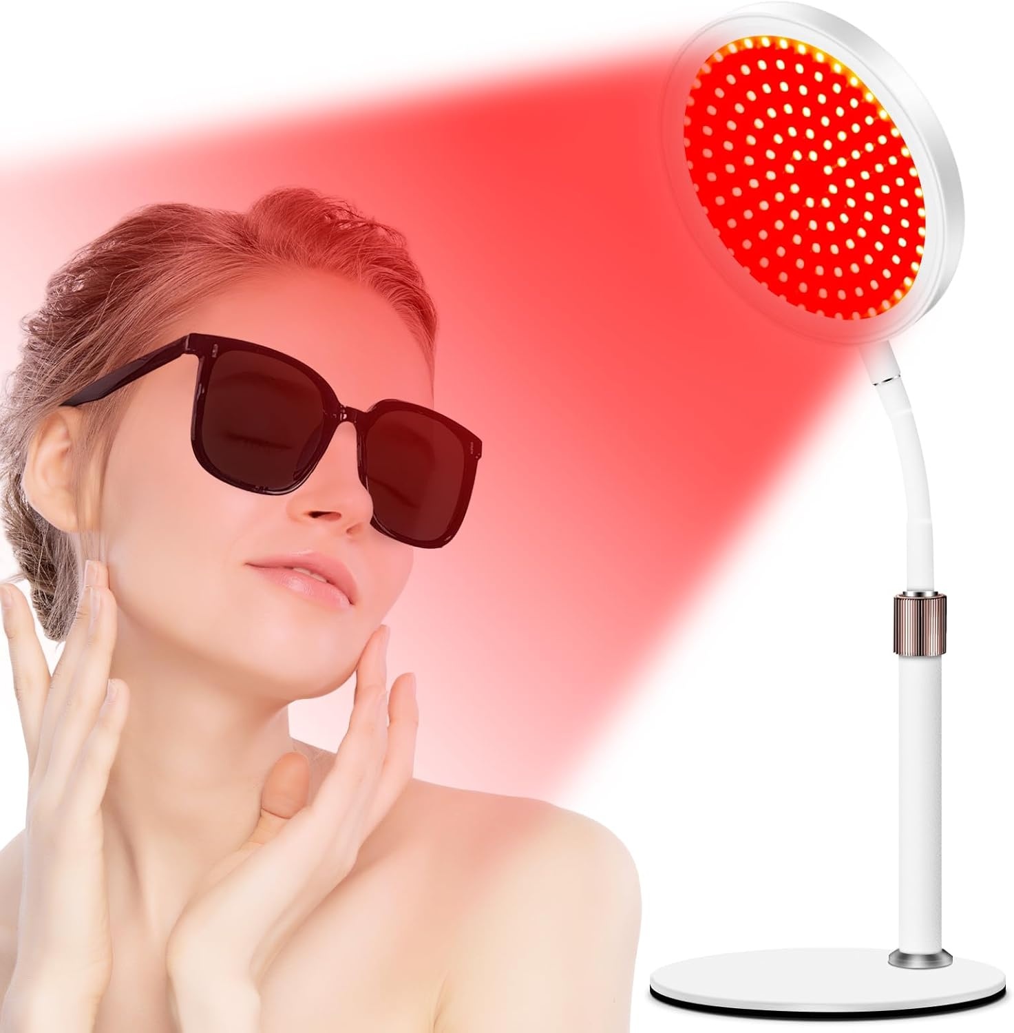 Rood licht lamp met sokkel, 940nm&850nm&660nm Infrarood licht lamp met 15/30/45 minuten timer, 9 helderheidsniveaus, 3-in-1-chip en zwanenhals ontwerp, 100-LED rood licht lamp