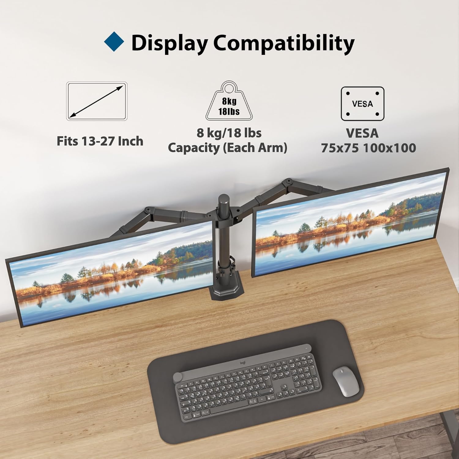 BONTEC Dubbele Monitor Arm voor 13-27 Inch LCD-LED-schermen, in Hoogte Verstelbare Kantelbare Draaibare Dual Monitor Standaards, Monitorarmen voor 2 Schermen, VESA Afmetingen 75/100, tot 8 kg per Arm