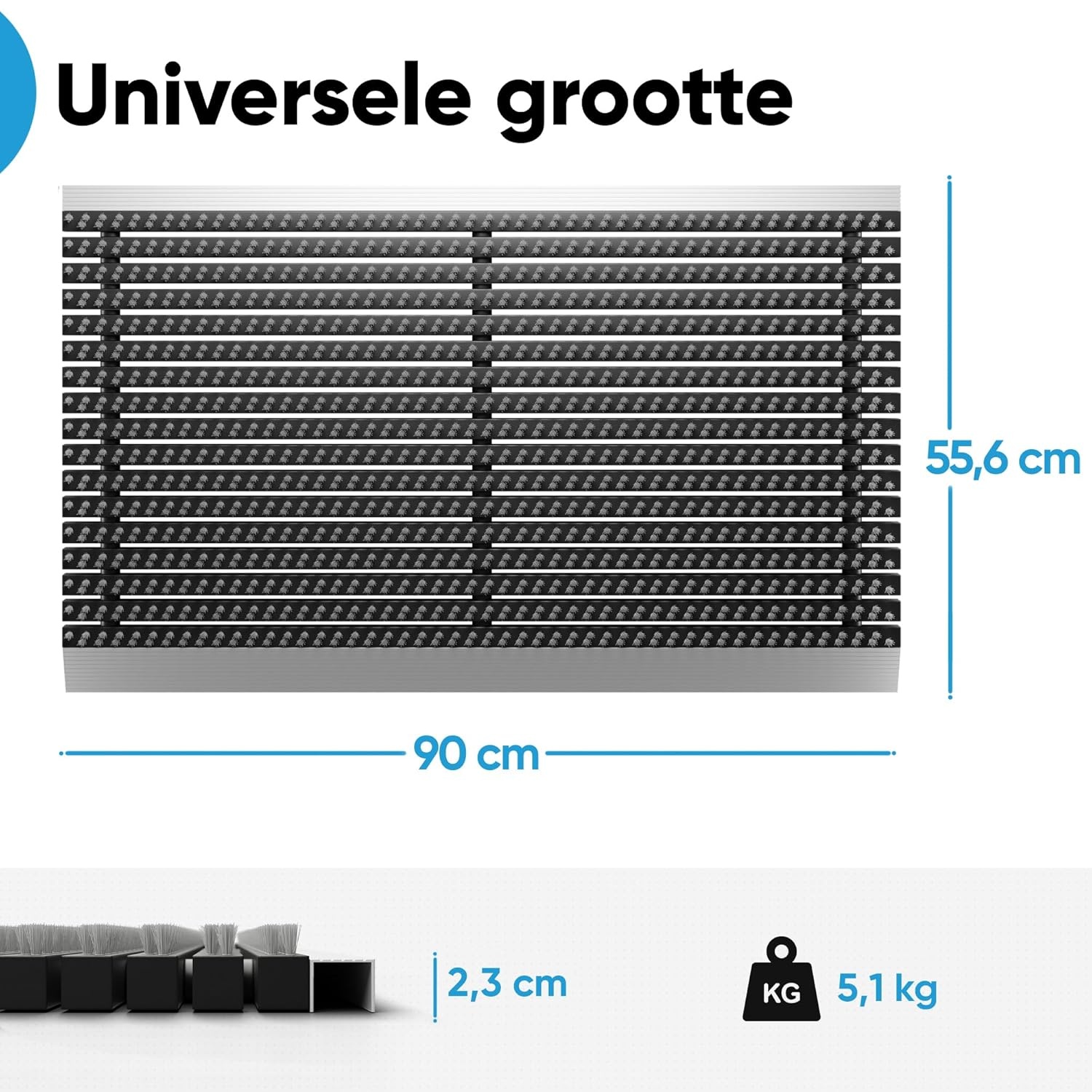 Deurmat, entreemat, droogloopmat, borstelmat, vloermat, voetmat, buiten, buitengebruik, aluminium, met borstels, grijs 55x90 cm, aluminium deurmat, deurmat buiten aluminium, voetmat met aluminium