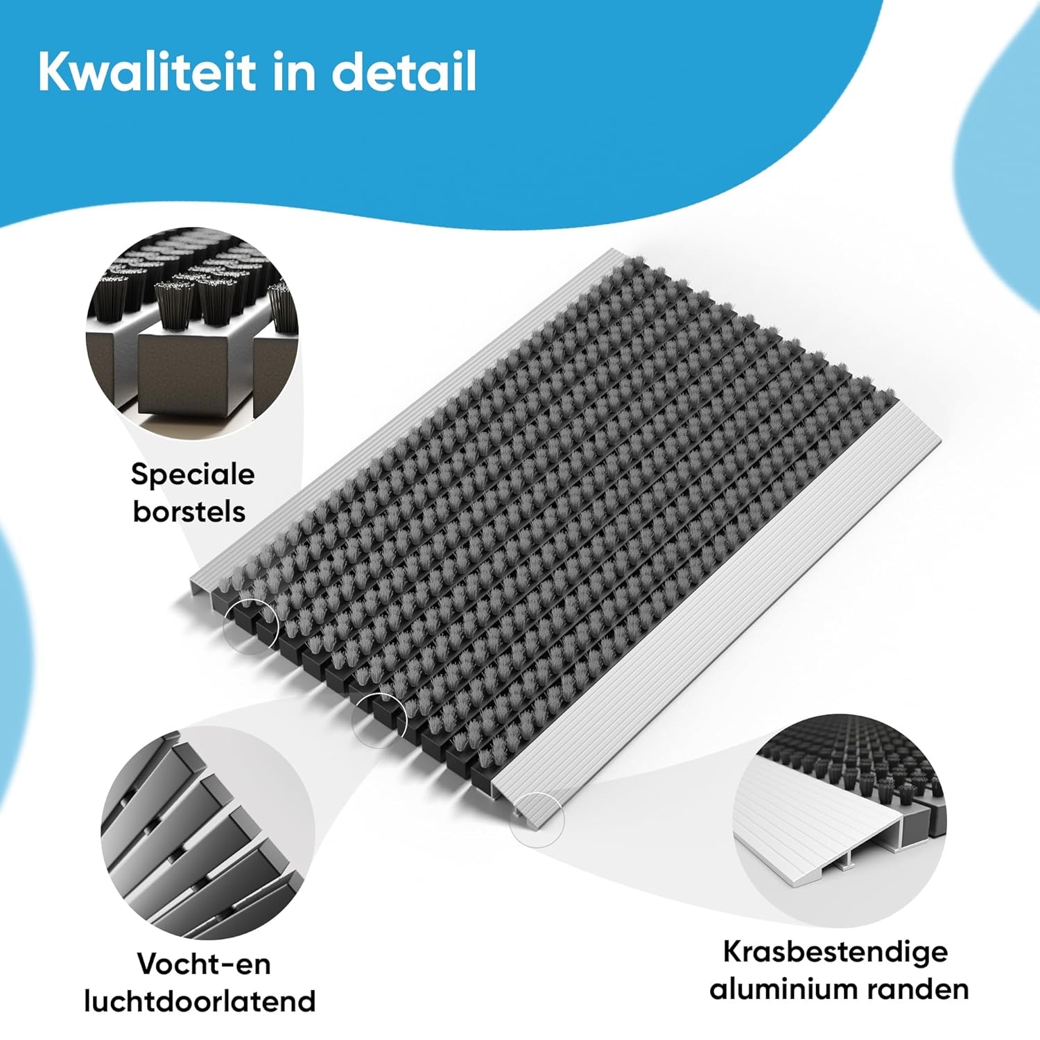 Deurmat, entreemat, droogloopmat, borstelmat, vloermat, voetmat, buiten, buitengebruik, aluminium, met borstels, grijs 55x90 cm, aluminium deurmat, deurmat buiten aluminium, voetmat met aluminium