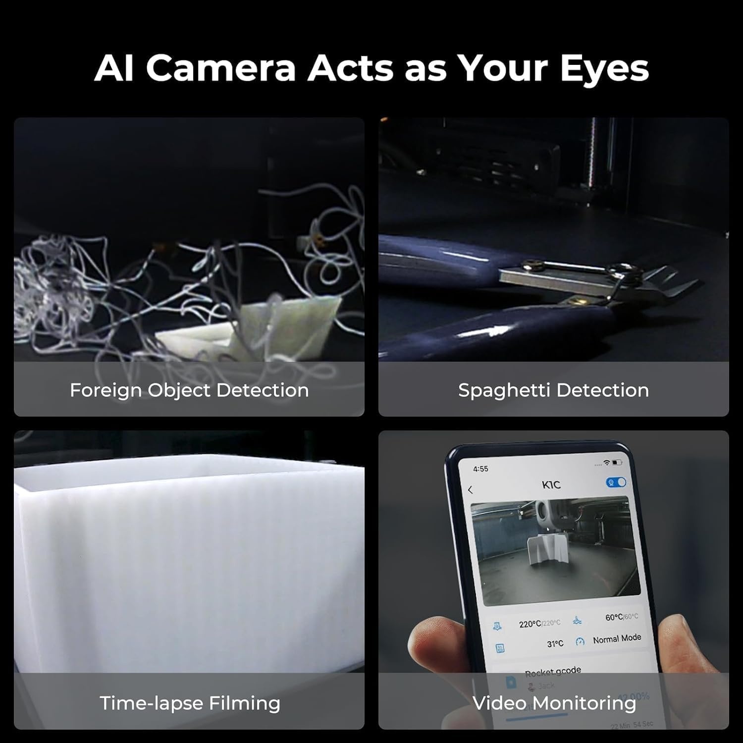 Creality 2024 Nieuwe officiële K1C 3D Printer, 600 mm/s, printen op koolstofvezel, AI-camera, verbeterd koelsysteem, verbeterde extruder, automatische nivelleerfunctie (220 mm * 220 mm * 250 mm)