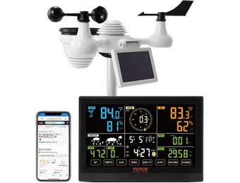 VEVOR Professioneel draadloos weerstation, 7-in-1 op zonne-energie, 7,5 inch display, 150 m transmissiebereik, buitensensor voor windsnelheid, windrichting, temperatuur, luchtvochtigheid, neerslag