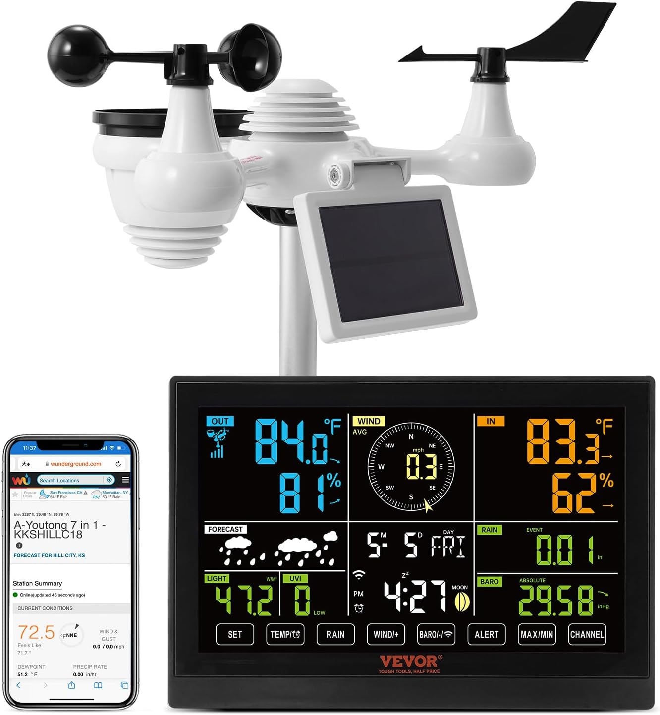 VEVOR Professioneel draadloos weerstation, 7-in-1 op zonne-energie, 7,5 inch display, 150 m transmissiebereik, buitensensor voor windsnelheid, windrichting, temperatuur, luchtvochtigheid, neerslag