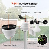 VEVOR Professioneel draadloos weerstation, 7-in-1 op zonne-energie, 7,5 inch display, 150 m transmissiebereik, buitensensor voor windsnelheid, windrichting, temperatuur, luchtvochtigheid, neerslag