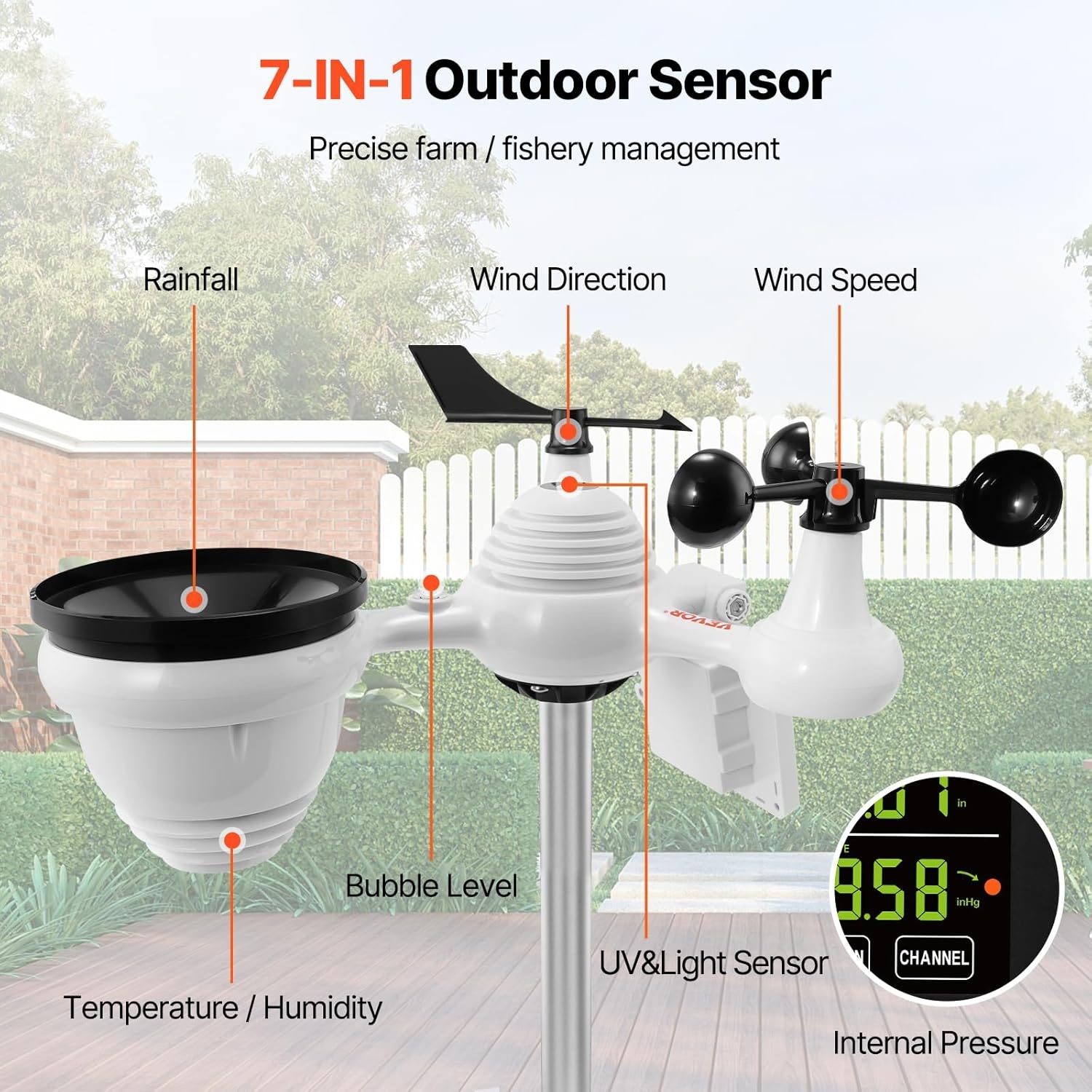 VEVOR Professioneel draadloos weerstation, 7-in-1 op zonne-energie, 7,5 inch display, 150 m transmissiebereik, buitensensor voor windsnelheid, windrichting, temperatuur, luchtvochtigheid, neerslag