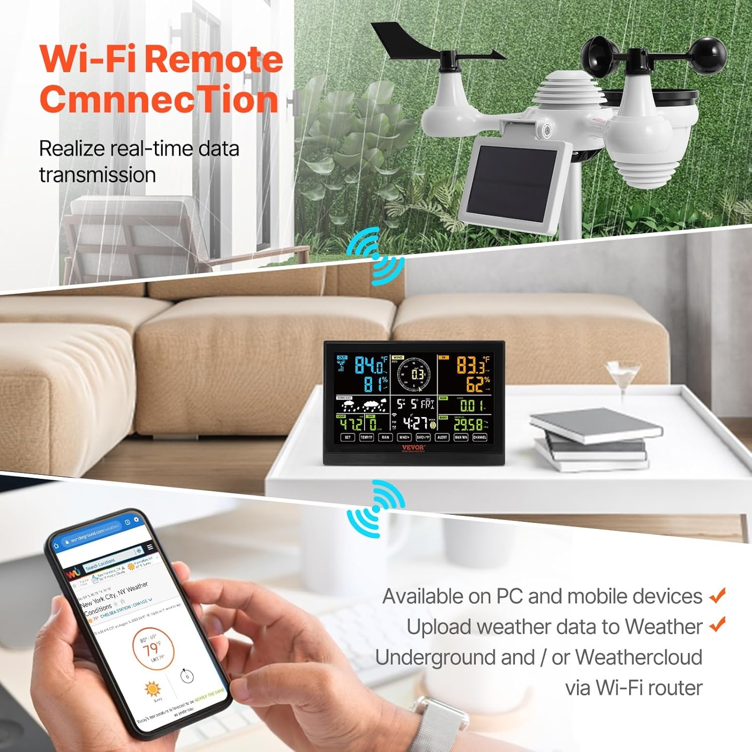 VEVOR Professioneel draadloos weerstation, 7-in-1 op zonne-energie, 7,5 inch display, 150 m transmissiebereik, buitensensor voor windsnelheid, windrichting, temperatuur, luchtvochtigheid, neerslag