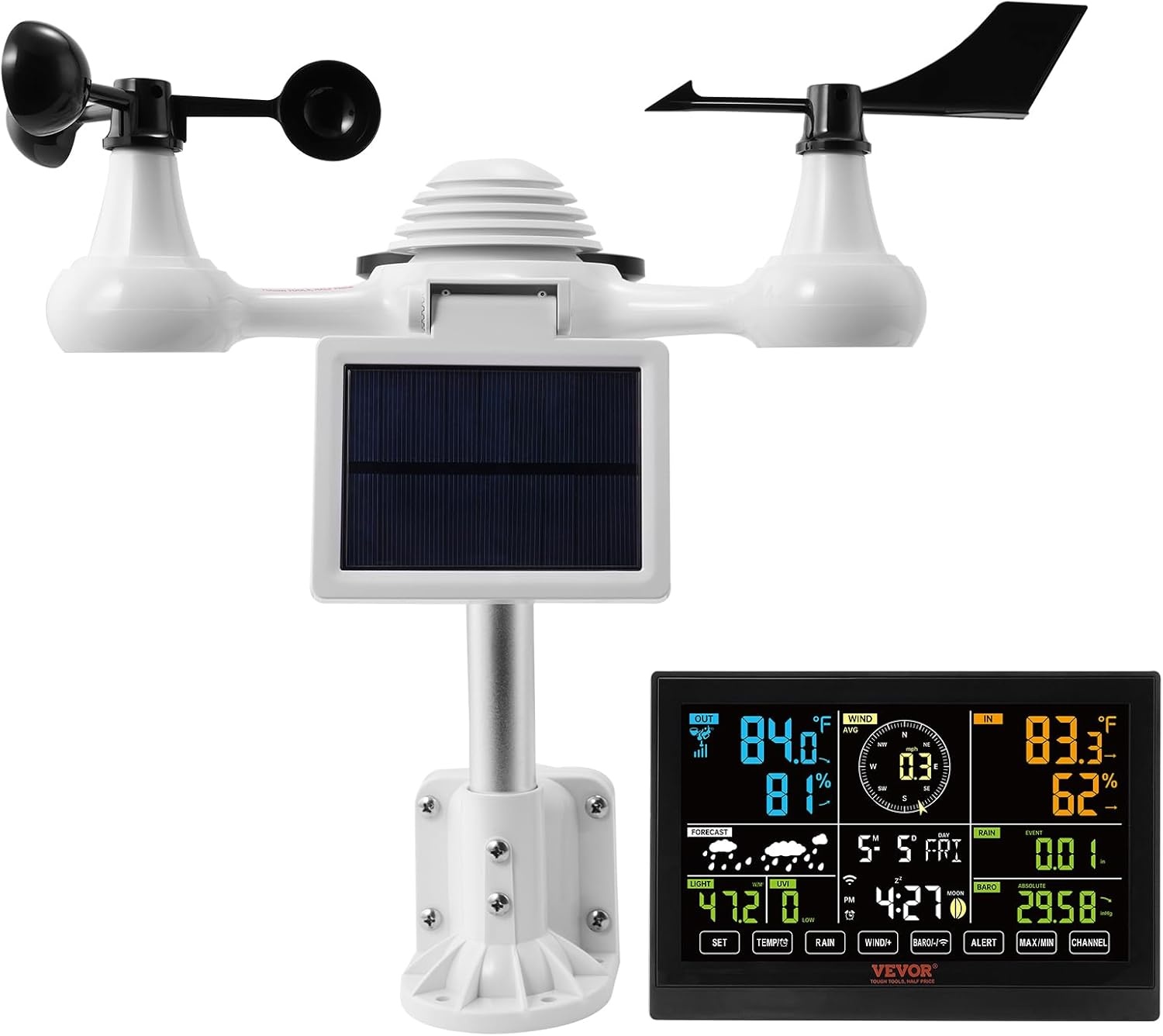 VEVOR Professioneel draadloos weerstation, 7-in-1 op zonne-energie, 7,5 inch display, 150 m transmissiebereik, buitensensor voor windsnelheid, windrichting, temperatuur, luchtvochtigheid, neerslag