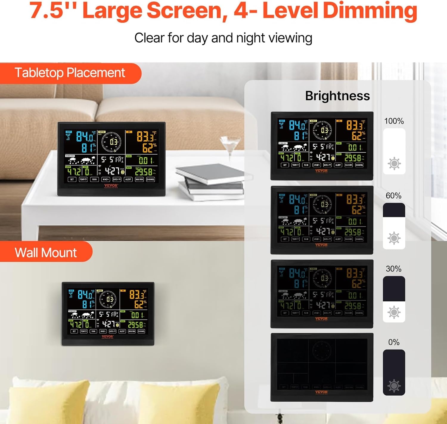 VEVOR Professioneel draadloos weerstation, 7-in-1 op zonne-energie, 7,5 inch display, 150 m transmissiebereik, buitensensor voor windsnelheid, windrichting, temperatuur, luchtvochtigheid, neerslag