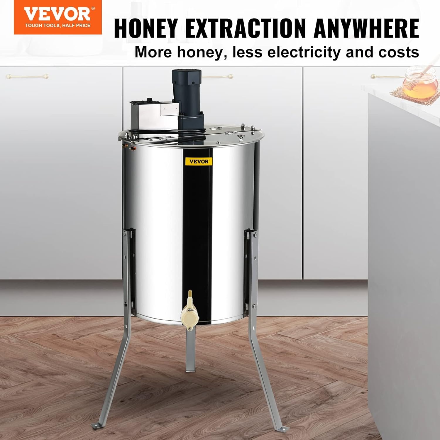 VEVOR Honing Extractor Elektrische 140W Tangentiële Extractor Roestvrij Staal 4/8 Frame Honing Extractor 45mm Honing Valve 1300rpm Elektrische Honing Extractor 48x16/23cm Honingraat Maat Bijenteelt Imker Accessoires