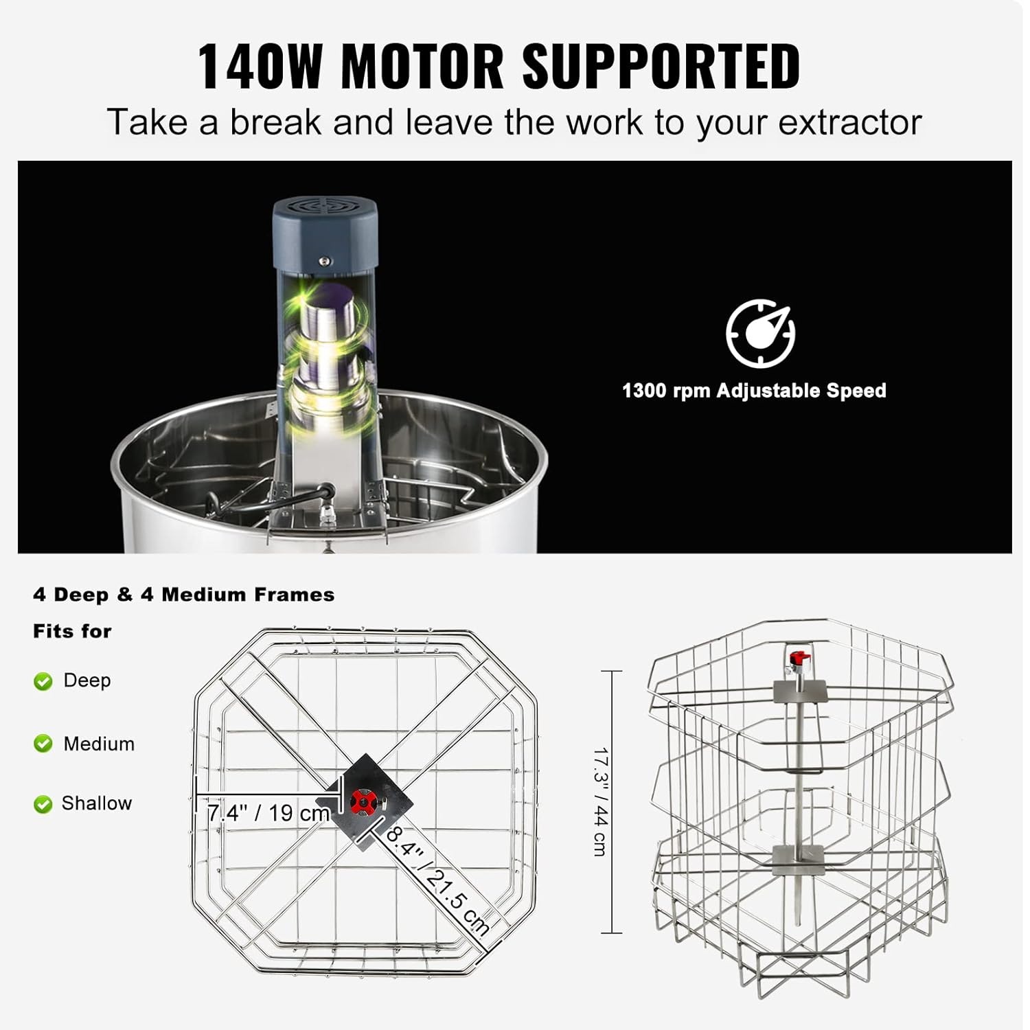 VEVOR Honing Extractor Elektrische 140W Tangentiële Extractor Roestvrij Staal 4/8 Frame Honing Extractor 45mm Honing Valve 1300rpm Elektrische Honing Extractor 48x16/23cm Honingraat Maat Bijenteelt Imker Accessoires
