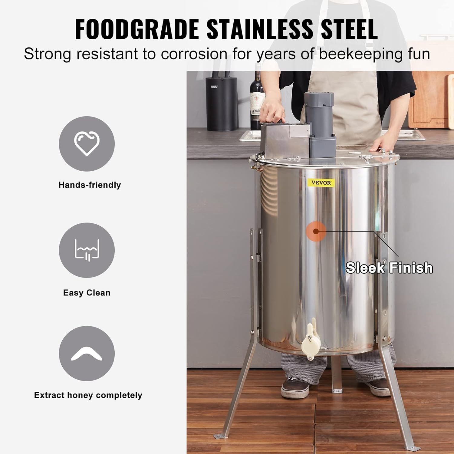 VEVOR Honing Extractor Elektrische 140W Tangentiële Extractor Roestvrij Staal 4/8 Frame Honing Extractor 45mm Honing Valve 1300rpm Elektrische Honing Extractor 48x16/23cm Honingraat Maat Bijenteelt Imker Accessoires