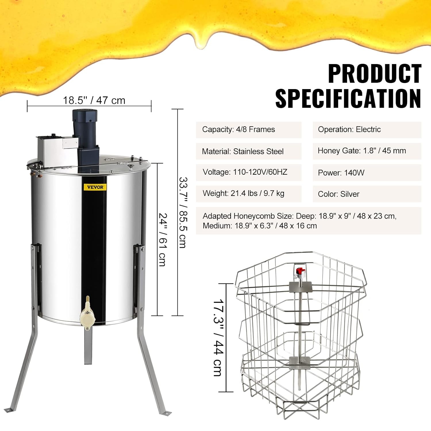 VEVOR Honing Extractor Elektrische 140W Tangentiële Extractor Roestvrij Staal 4/8 Frame Honing Extractor 45mm Honing Valve 1300rpm Elektrische Honing Extractor 48x16/23cm Honingraat Maat Bijenteelt Imker Accessoires