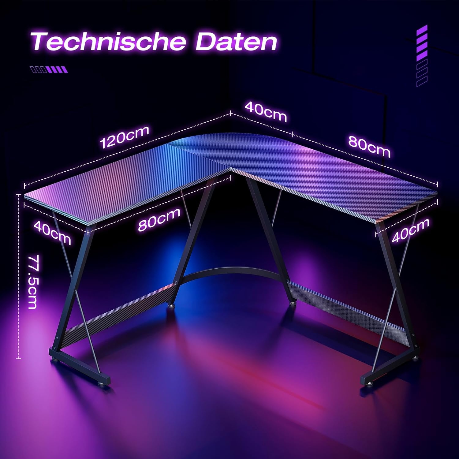 L-vormig Gaming Bureau (120x120cm) - Koolstof Zwart - 34% Korting