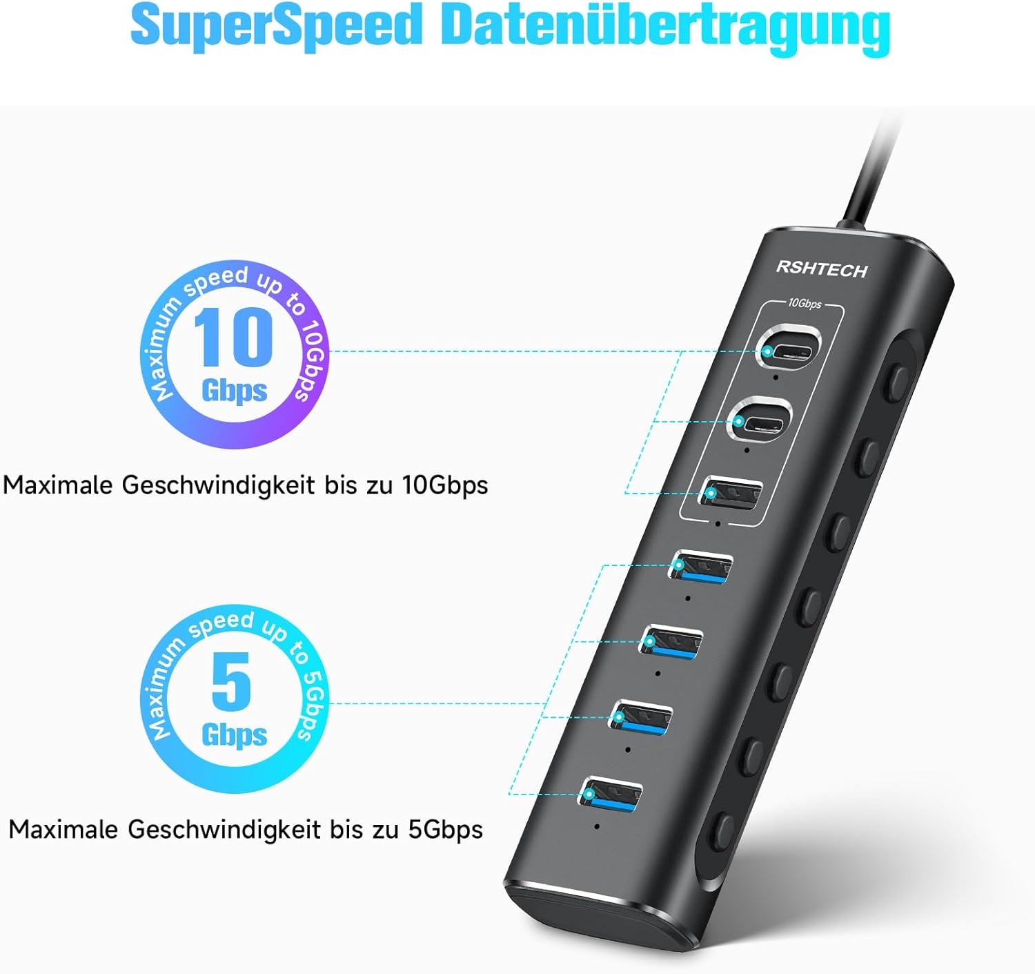 7-poorts USB C Hub met 10 Gbps | Aluminium | 29% Korting