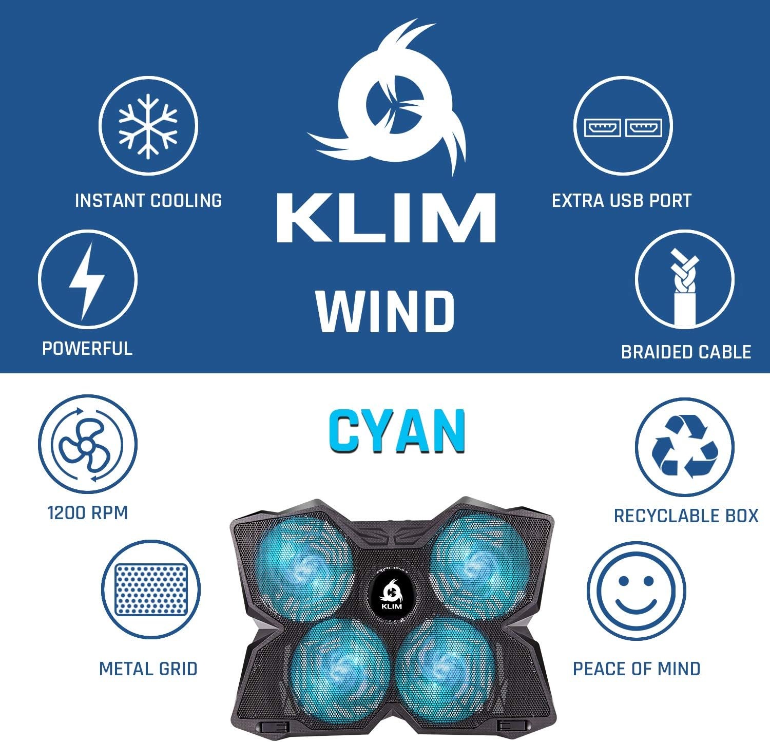 Cyaan Laptop Koeler met 4 Ventilatoren | 29% Korting