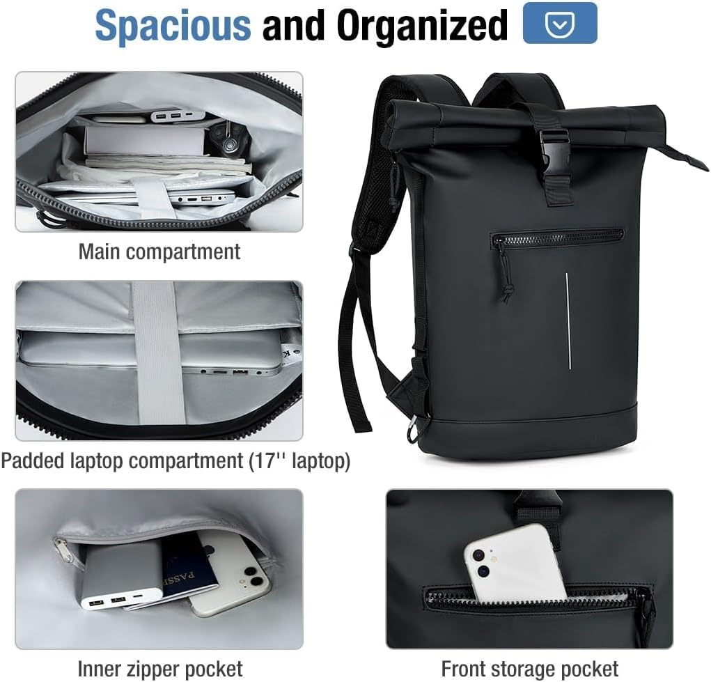 Waterdichte Laptoprugzak 17" Unisex - Roll-Top Zwart met 29% Korting