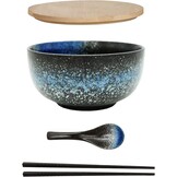 Ramen bowl keramische set (4 stuks) met lepel eetstokjes, 1100 ML grote soepkom, slakommen voor soep, pho en sushi bowl (Blauwe kom set)