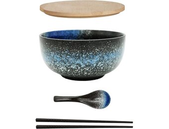 Ramen bowl keramische set (4 stuks) met lepel eetstokjes, 1100 ML grote soepkom, slakommen voor soep, pho en sushi bowl (Blauwe kom set)