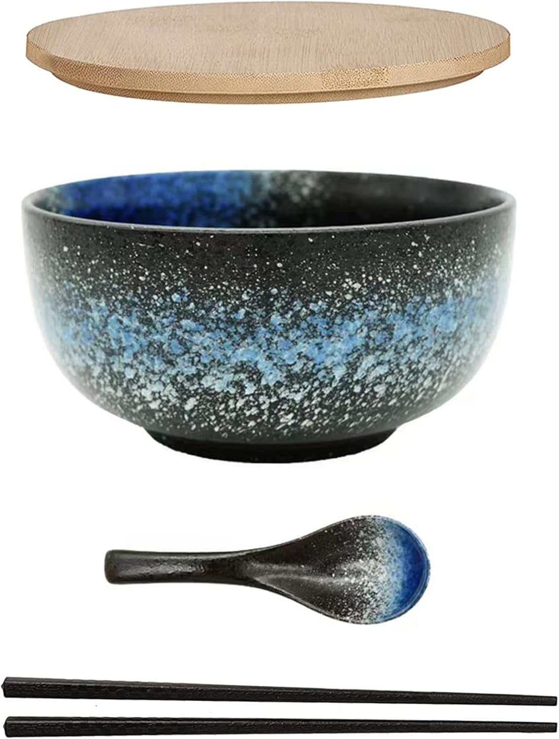 Ramen bowl keramische set (4 stuks) met lepel eetstokjes, 1100 ML grote soepkom, slakommen voor soep, pho en sushi bowl (Blauwe kom set)