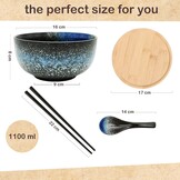 Ramen bowl keramische set (4 stuks) met lepel eetstokjes, 1100 ML grote soepkom, slakommen voor soep, pho en sushi bowl (Blauwe kom set)