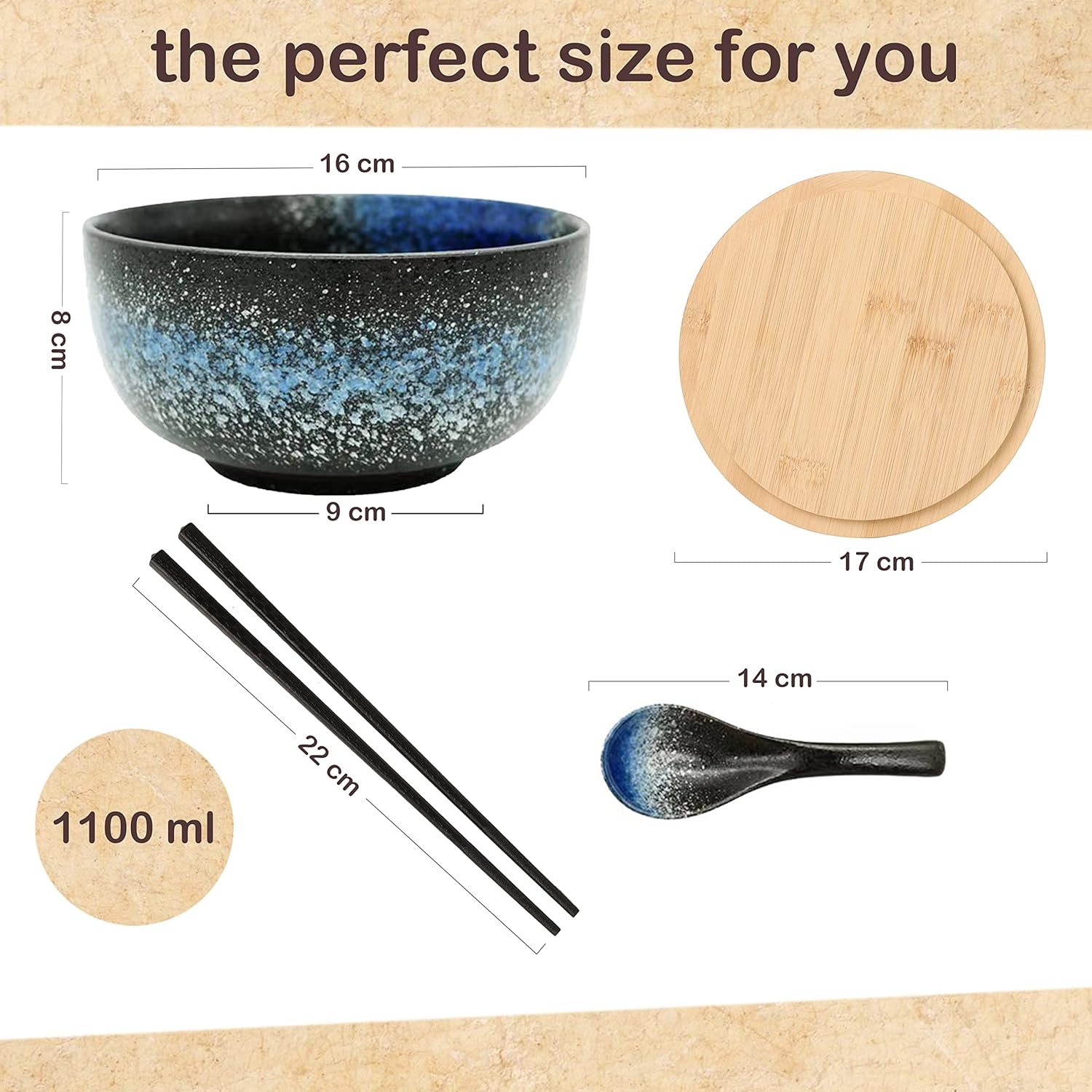 Ramen bowl keramische set (4 stuks) met lepel eetstokjes, 1100 ML grote soepkom, slakommen voor soep, pho en sushi bowl (Blauwe kom set)