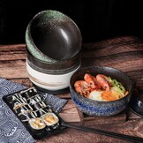Ramen bowl keramische set (4 stuks) met lepel eetstokjes, 1100 ML grote soepkom, slakommen voor soep, pho en sushi bowl (Blauwe kom set)