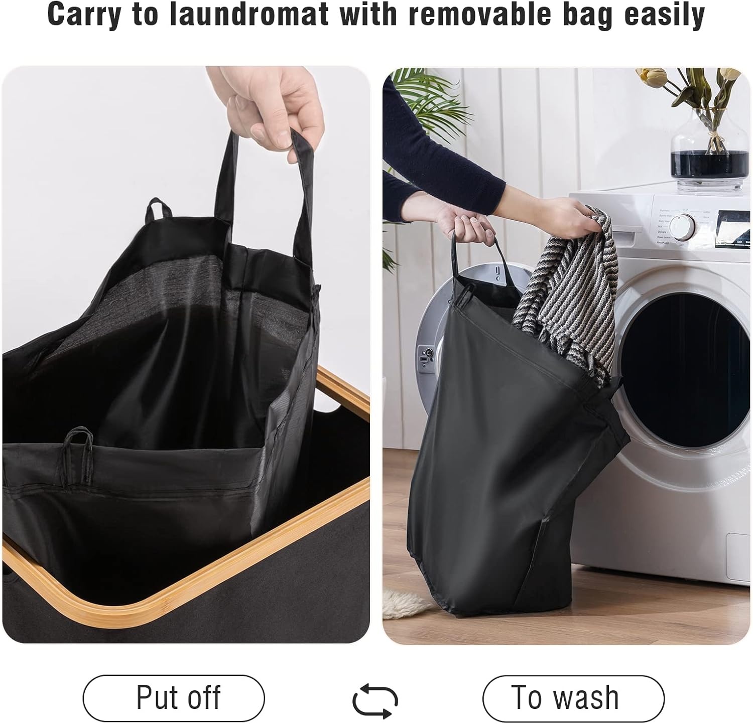 Zwarte Bamboe Wasmand 85L met Deksel & Waszak - 43% Korting!