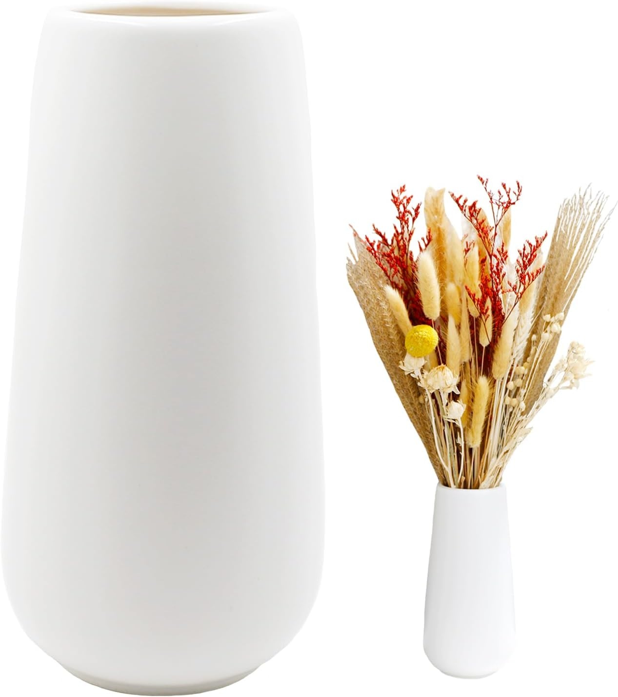 Keramische vaas wit 20cm hoog glad oppervlak, bloemenvazen modern voor binnen tafeldecoratie, decoratieve vazen voor pampas gras, boho vaas voor verse bloemen droogbloemen