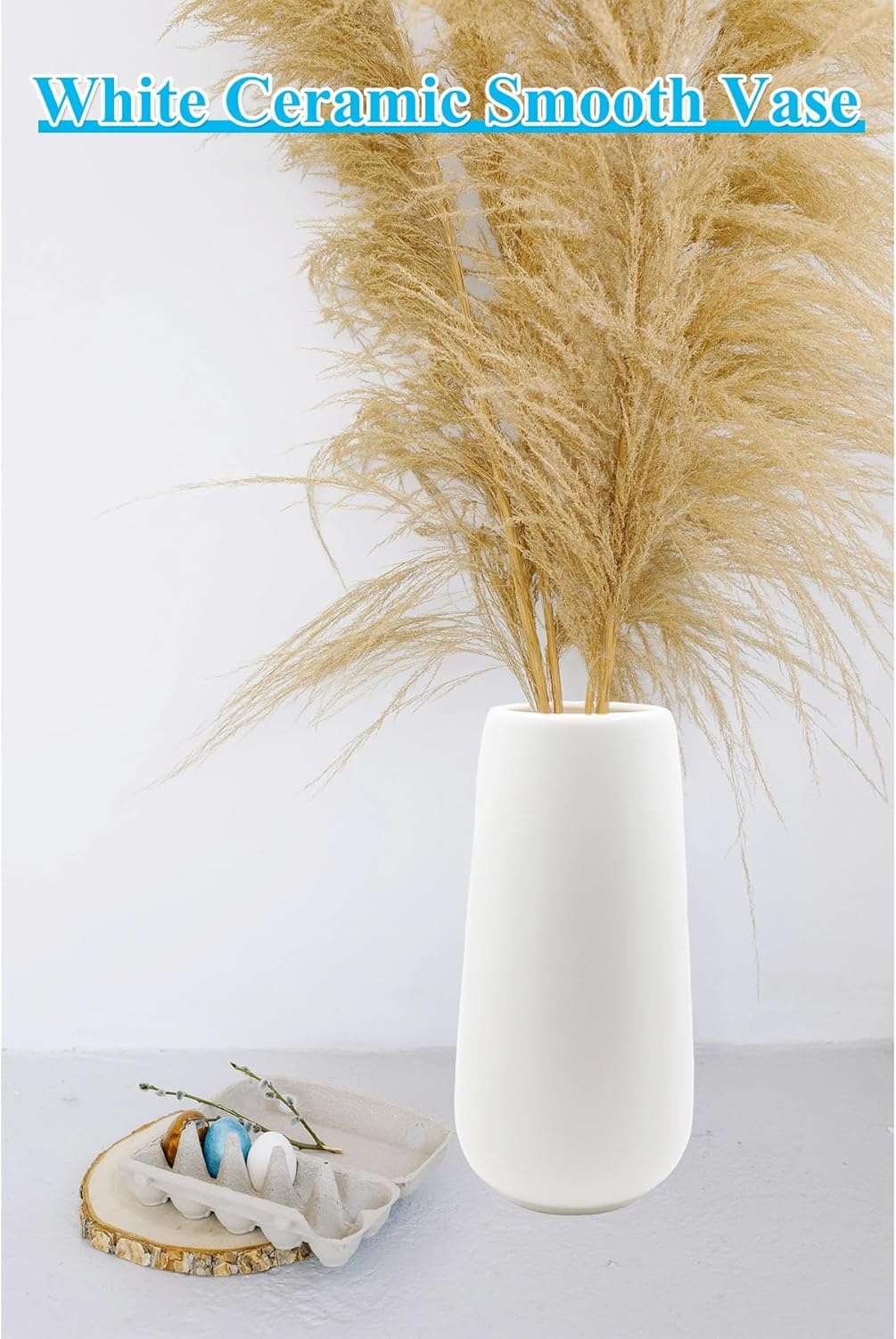 Keramische vaas wit 20cm hoog glad oppervlak, bloemenvazen modern voor binnen tafeldecoratie, decoratieve vazen voor pampas gras, boho vaas voor verse bloemen droogbloemen