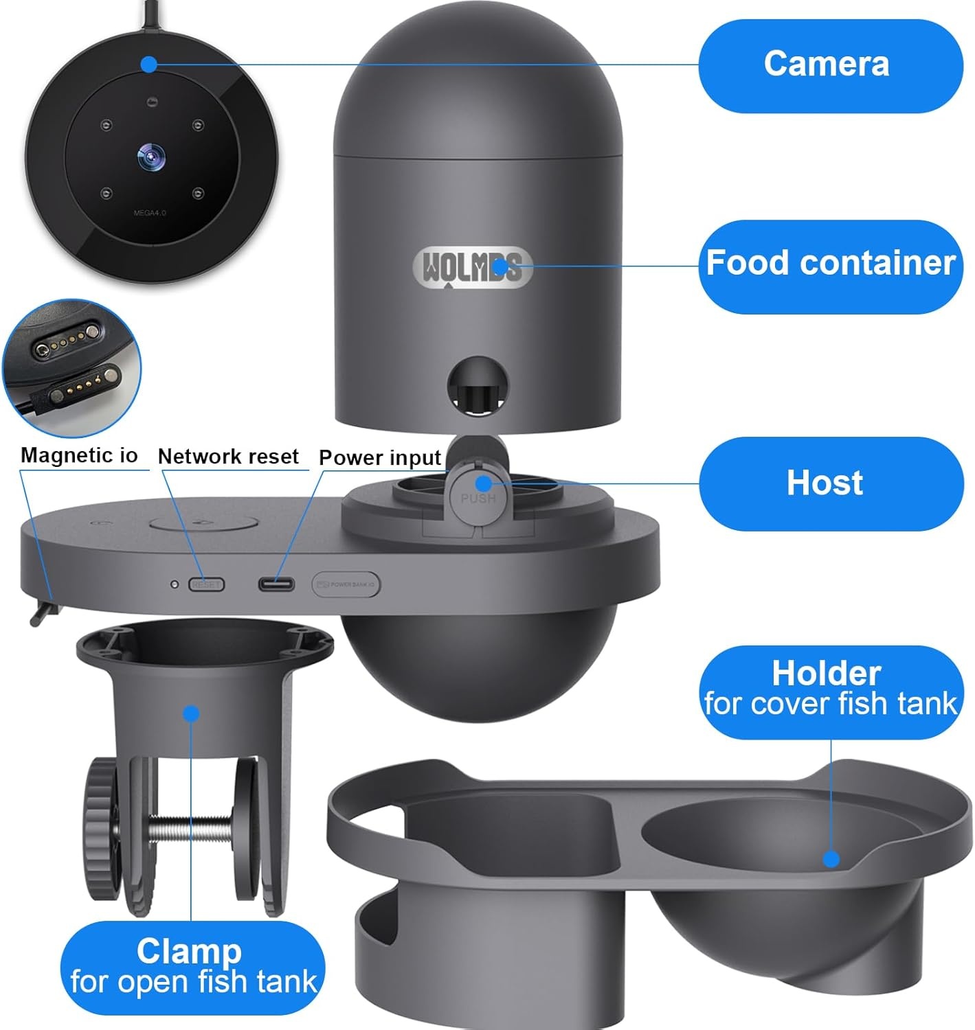 Automatische visvoerer met 2,5 K camera, app-bediening, vochtbestendige vakantievoerdispenser, precisievoersysteem, visuele monitor voor aquaria, schildpadstiften