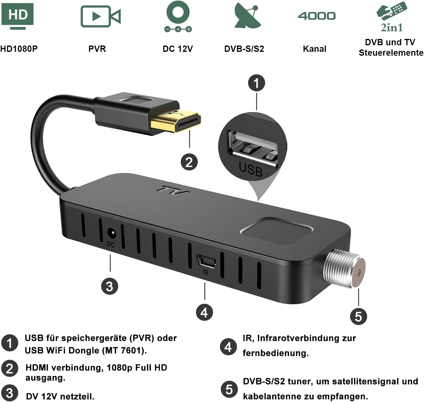 Dcolor DVB-S/S2 satellietontvanger - Nano HDMI Full HD 1080P TV receiver stick [verborgen achter TV] - USB2.0 mediaspeler en PVR-recorder [2-in-1 tv-besturingselementen] [Astra Hotbird voorinstallatie]