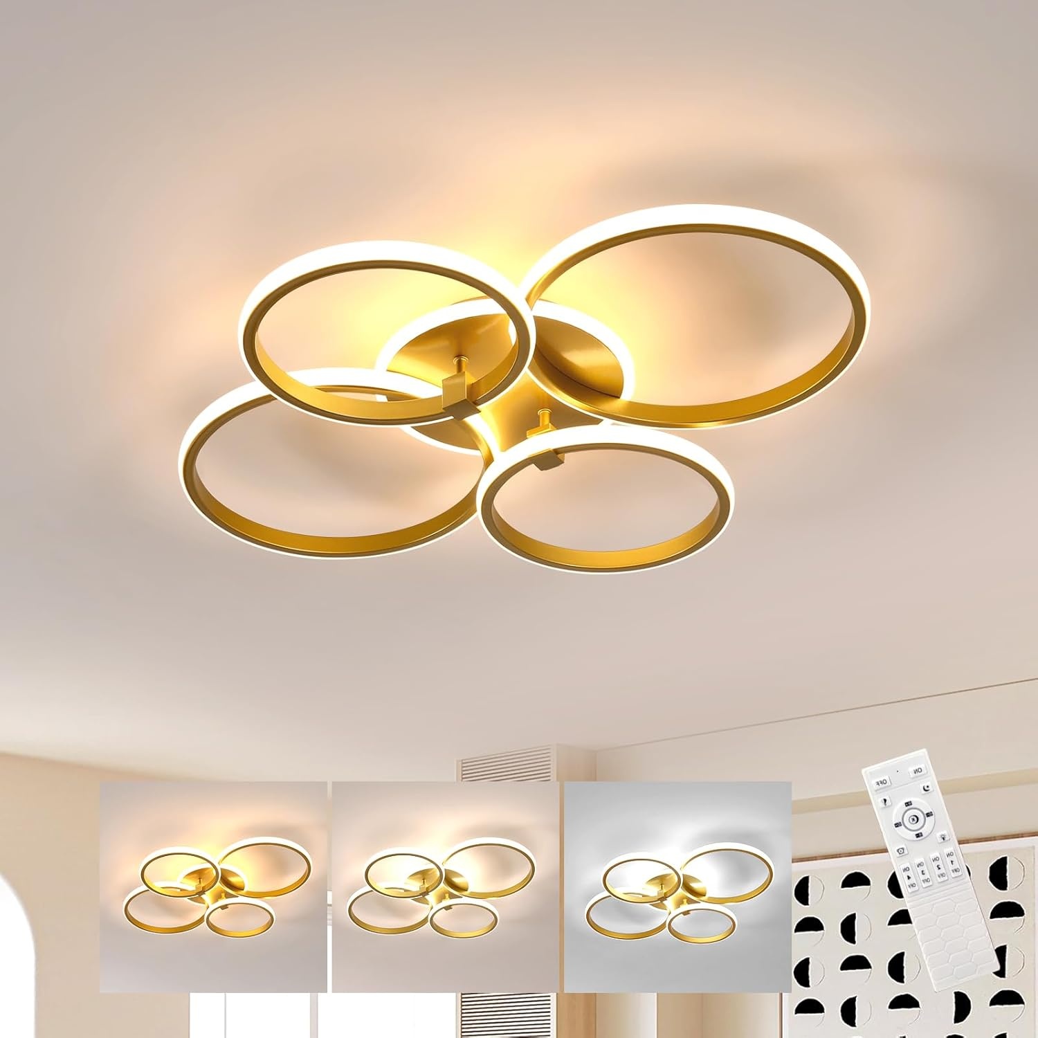 DELIPOP LED Plafondlamp, 40W Dimbare LED Plafondlamp met Afstandsbediening 3000K-6500K, Geheugenfunctie, Moderne Gouden Kroonluchter voor Woonkamer Slaapkamer Eetkamer Keuken