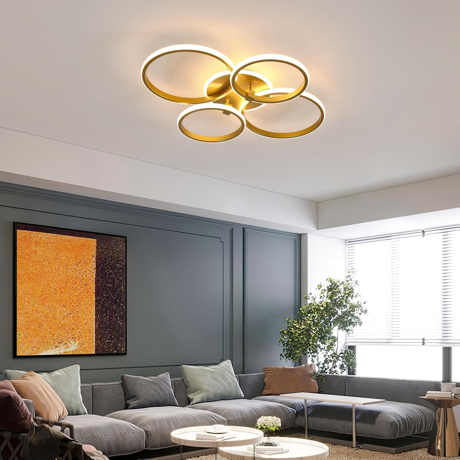 DELIPOP LED Plafondlamp, 40W Dimbare LED Plafondlamp met Afstandsbediening 3000K-6500K, Geheugenfunctie, Moderne Gouden Kroonluchter voor Woonkamer Slaapkamer Eetkamer Keuken