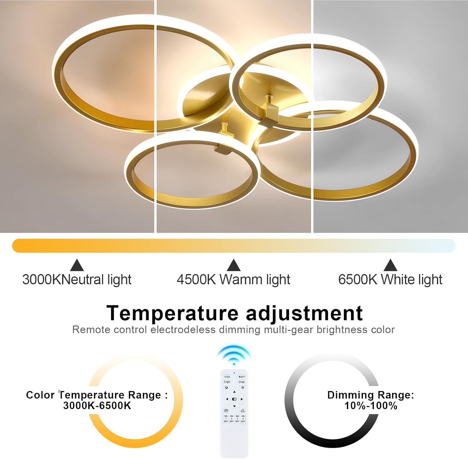 DELIPOP LED Plafondlamp, 40W Dimbare LED Plafondlamp met Afstandsbediening 3000K-6500K, Geheugenfunctie, Moderne Gouden Kroonluchter voor Woonkamer Slaapkamer Eetkamer Keuken