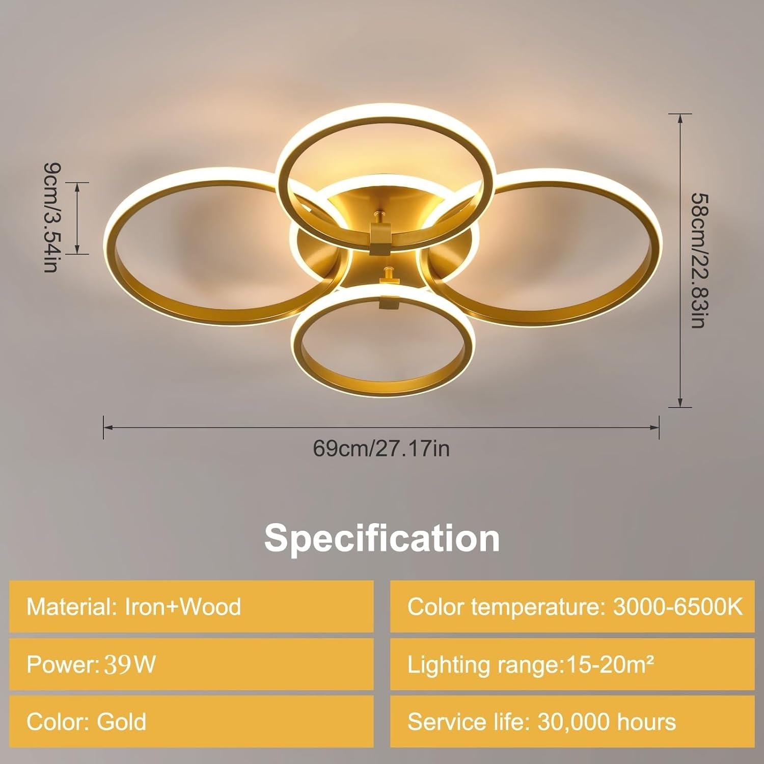 DELIPOP LED Plafondlamp, 40W Dimbare LED Plafondlamp met Afstandsbediening 3000K-6500K, Geheugenfunctie, Moderne Gouden Kroonluchter voor Woonkamer Slaapkamer Eetkamer Keuken