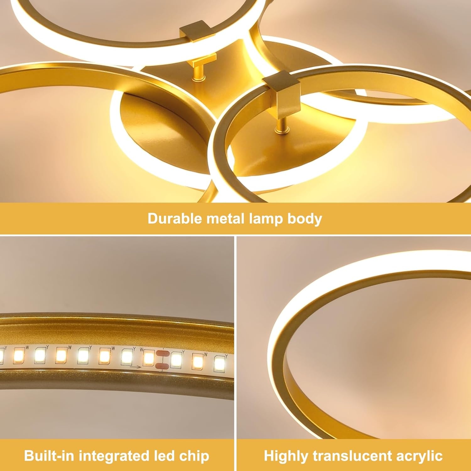 DELIPOP LED Plafondlamp, 40W Dimbare LED Plafondlamp met Afstandsbediening 3000K-6500K, Geheugenfunctie, Moderne Gouden Kroonluchter voor Woonkamer Slaapkamer Eetkamer Keuken