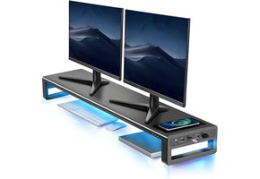 Monitorstandaard Dubbel: Metaal, Draadloos Laden & 4 USB Poorten (Zwart)