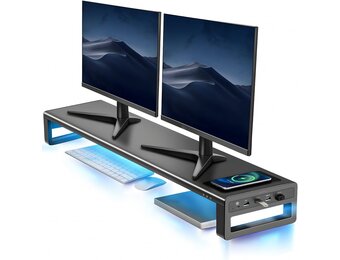 Vaydeer Dual Monitor Stand Riser met Draadloos Opladen en 4 USB Hub Metalen Monitorstandaard voor 2 Monitoren, Metalen Monitor Stand Ondersteunt tot 32 Inch voor Computer, Laptop - Zwart