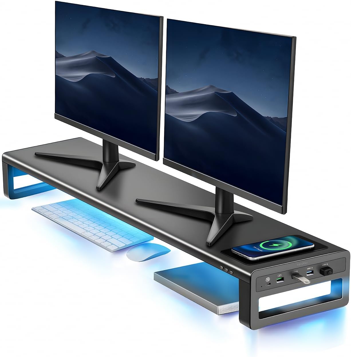 Vaydeer Dual Monitor Stand Riser met Draadloos Opladen en 4 USB Hub Metalen Monitorstandaard voor 2 Monitoren, Metalen Monitor Stand Ondersteunt tot 32 Inch voor Computer, Laptop - Zwart