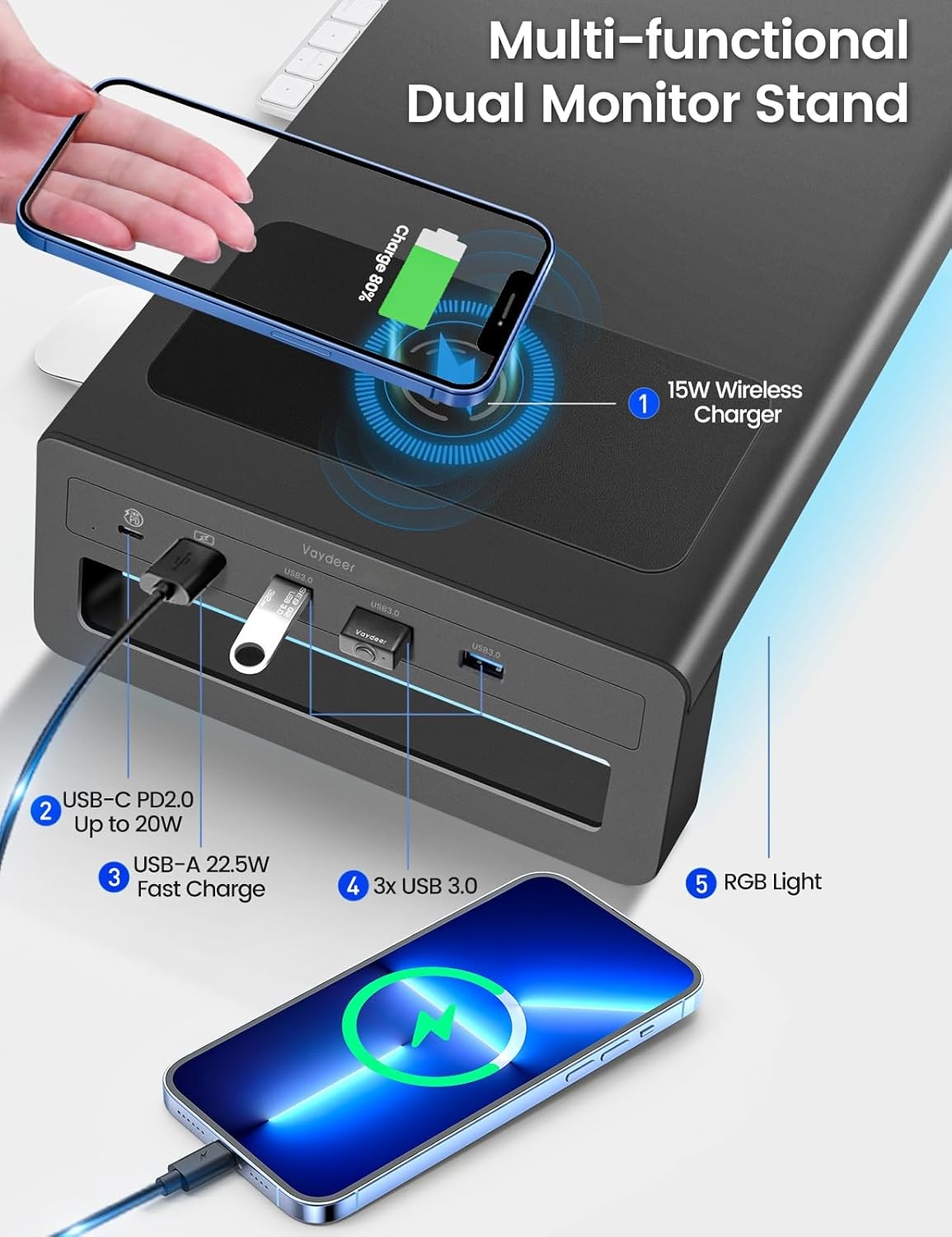 Vaydeer Dual Monitor Stand Riser met Draadloos Opladen en 4 USB Hub Metalen Monitorstandaard voor 2 Monitoren, Metalen Monitor Stand Ondersteunt tot 32 Inch voor Computer, Laptop - Zwart