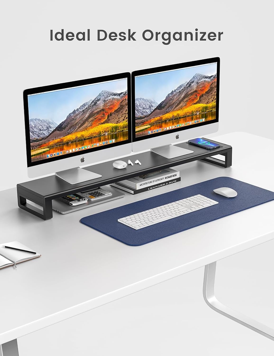 Vaydeer Dual Monitor Stand Riser met Draadloos Opladen en 4 USB Hub Metalen Monitorstandaard voor 2 Monitoren, Metalen Monitor Stand Ondersteunt tot 32 Inch voor Computer, Laptop - Zwart