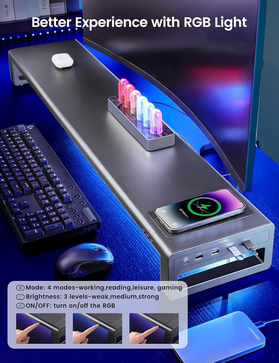 Vaydeer Dual Monitor Stand Riser met Draadloos Opladen en 4 USB Hub Metalen Monitorstandaard voor 2 Monitoren, Metalen Monitor Stand Ondersteunt tot 32 Inch voor Computer, Laptop - Zwart