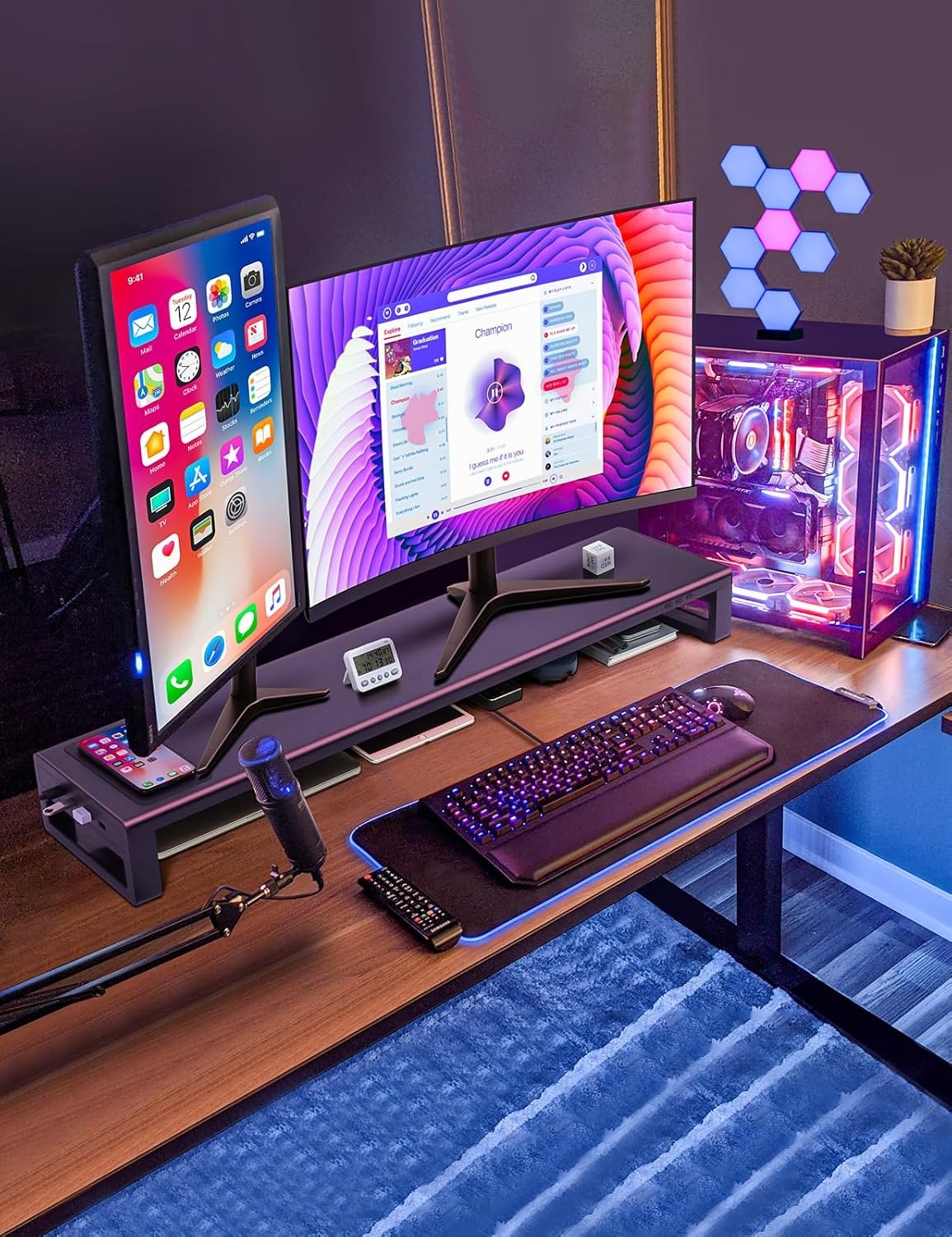 Vaydeer Dual Monitor Stand Riser met Draadloos Opladen en 4 USB Hub Metalen Monitorstandaard voor 2 Monitoren, Metalen Monitor Stand Ondersteunt tot 32 Inch voor Computer, Laptop - Zwart