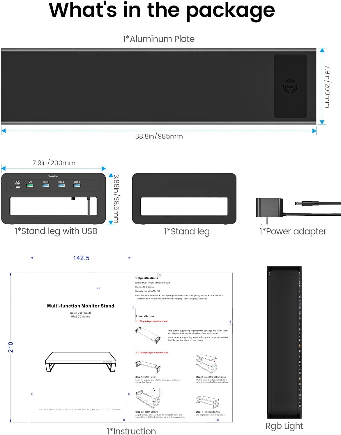 Vaydeer Dual Monitor Stand Riser met Draadloos Opladen en 4 USB Hub Metalen Monitorstandaard voor 2 Monitoren, Metalen Monitor Stand Ondersteunt tot 32 Inch voor Computer, Laptop - Zwart